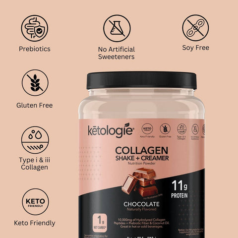 Keto Shake - Chocolate Collagen and Creamer  - 28.5oz jar, Type I & III collagen, larger size, gluten and soy-free, keto-friendly, prebiotics, no artificial sweeteners.