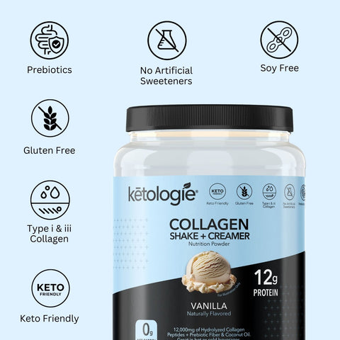 Keto Shake - Vanilla Collagen Shake and Creamer 28.5oz jar with Type I & III collagen, prebiotics, keto-friendly, gluten-free, soy-free, no artificial sweeteners.