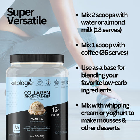 Keto Shake - Vanilla Collagen Shake and Creamer 28.5oz jar with nutritional benefits for skin, hair, and joints.