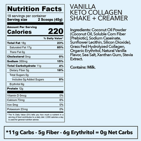 Keto Shake - Vanilla Collagen Shake + Creamer 28.5oz nutrition facts and ingredients.